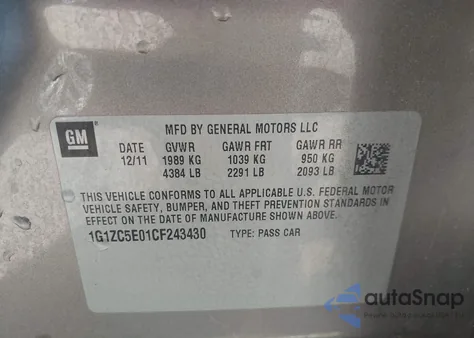 2012 Chevrolet Malibu 1Lt z USA, uszkodzony, nr VIN 1G1ZC5E01CF243430